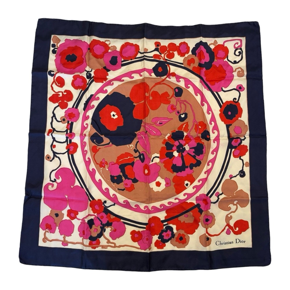 Christian Dior Vintage Square Silk Multicolor Floral Scarf 28x29.5 Navy Blue